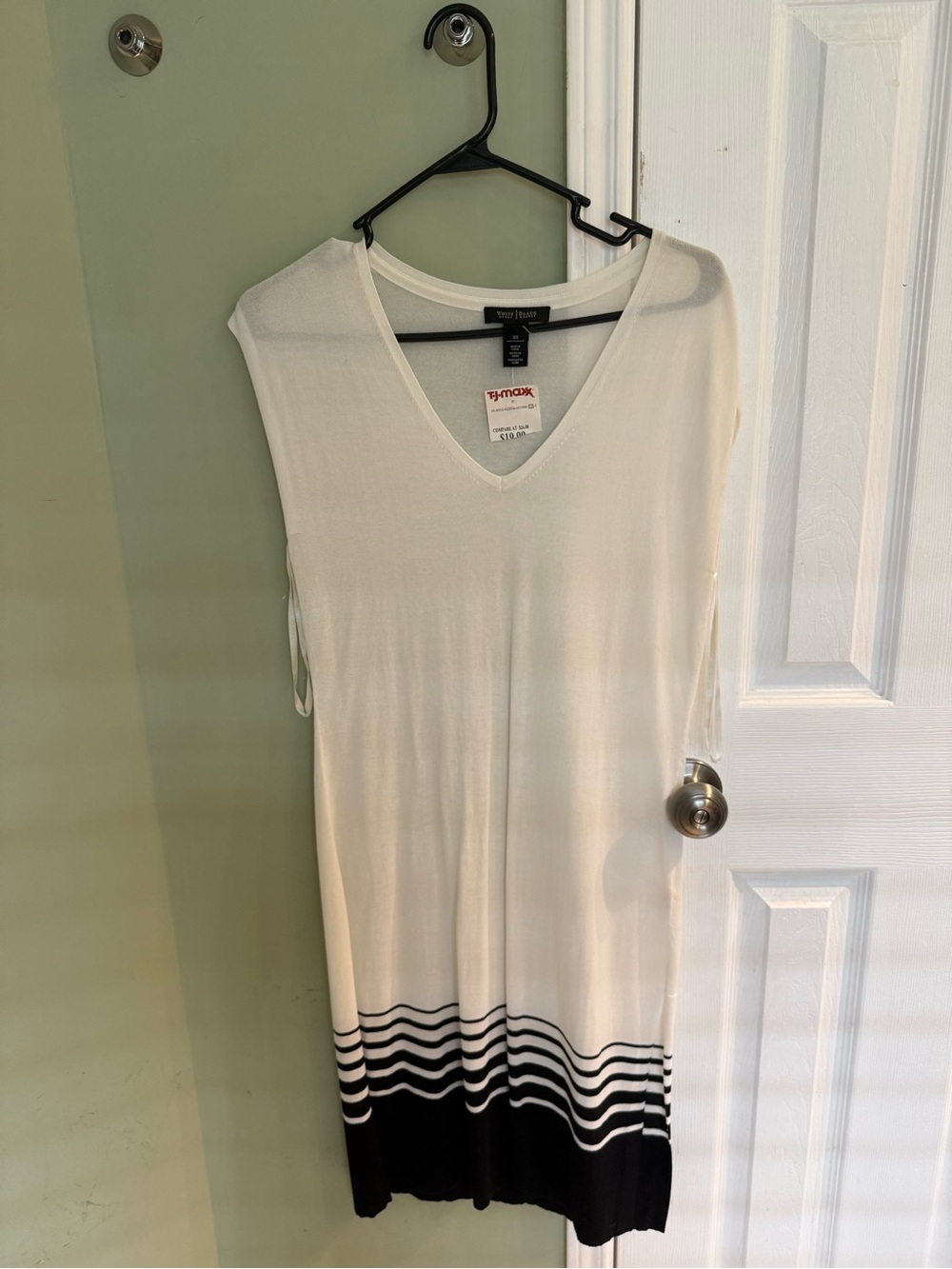 White House Black Market White and Black Striped Sleeveless V‑Neck Midi Dress